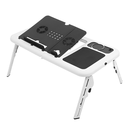 Masuta Universala Lodi1517, pliabila, pentru laptop/tableta/ mic dejun la pat, sistem cu fante de racire, suport pentru pahar, unghi reglabil, usor de depozitat, alb/negru