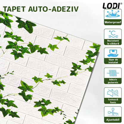 Set 10x Tapet Caramida 3D Lodi1090, model Iedera, suprafata acoperire 4.9 mp, autoadeziv, waterproof, usor de montat, design modern, 70x70 cm, alb