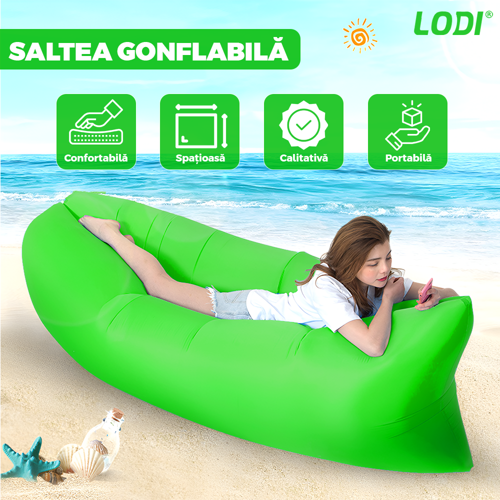 Saltea Gonflabila Tip Sezlong Lazybag Lodi1234, material rezistent, umflare fara pompa, pentru plaja/picnic/camping, rucsac de depozitare, 190 x 70 cm, verde
