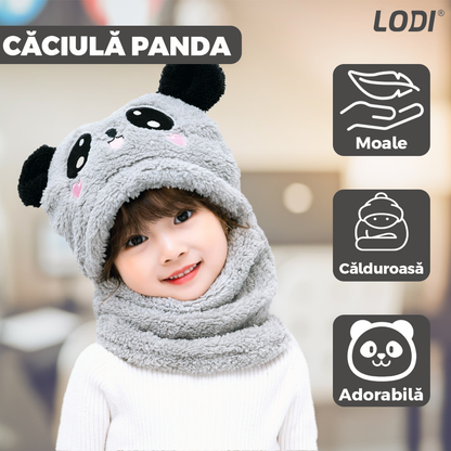 Caciula Pentru Copii Tip Cagula Lodi520, 2 in 1, tematica lumea animalelor, model ursulet panda zambitor, 1-5 ani, gri