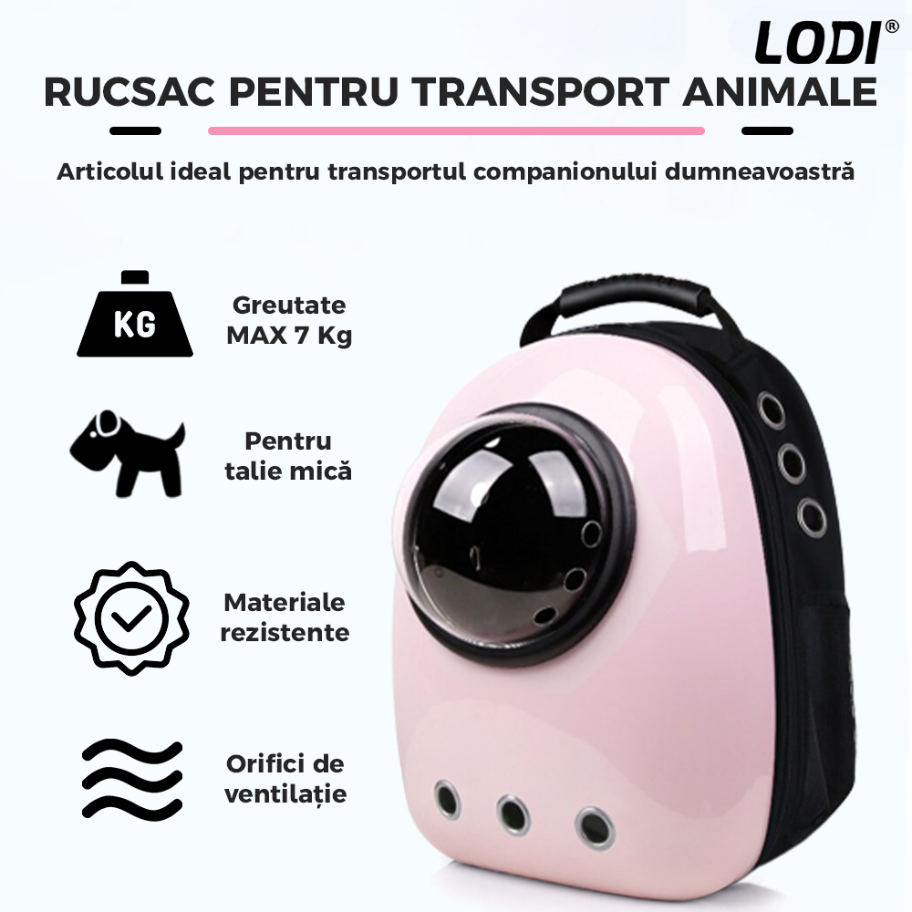 Rucsac Transport Animale Lodi23, greutate Max 7kg, hublou transparent, buzunar lateral, accesorii incluse, pentru talie mica, roz