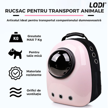 Rucsac Transport Animale Lodi23, greutate Max 7kg, hublou transparent, buzunar lateral, accesorii incluse, pentru talie mica, roz