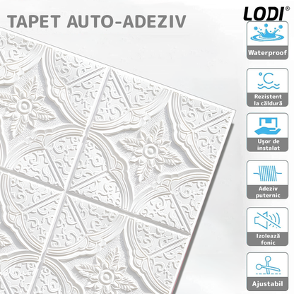 Set 10x Tapet 3D Lodi810, suprafata acoperire 4.9 mp, autoadeziv, Model Floral Diamant, perete/tavan, waterproof, usor de montat, design modern, 70x70 cm, alb