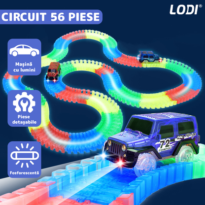 Circuit Masinute Lodi1071, 56 piese, pista iluminata configurabila, fosforescenta, masinuta cu lumini albastra, multicolor