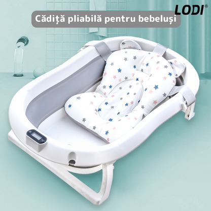 Cadita cu Pernuta pentru Bebelusi Lodi643, termometru digital incorporat, pliabila, dop de scurgere, picioare anti-alunecare, design ergonomic, 75 x 45 x 22 cm, gri cu stelute