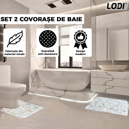 Set 2 Covorase de Baie Lodi447, anti-derapante, material moale, design modern, finisaj auriu, Model 17, 80x50 & 50x40cm, alb murdar