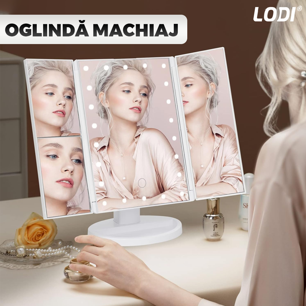 Oglinda Cosmetica pentru Machiaj Lodi1455, 4 moduri de marire, 22 becuri LED, control tactil, pliabila, rotativa la 180 de grade, alimentare pe baterii sau USB, suport de machiaje, alb