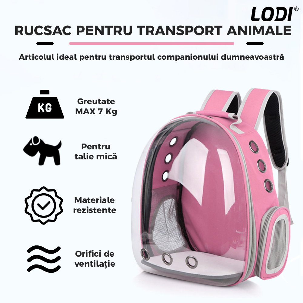 Rucsac Transport Animale Lodi373, greutate Max 7kg, hublou panoramic transparent, buzunar lateral, 2 iesiri, pentru talie mica, roz