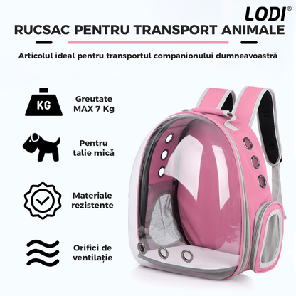 Rucsac Transport Animale Lodi373, greutate Max 7kg, hublou panoramic transparent, buzunar lateral, 2 iesiri, pentru talie mica, roz