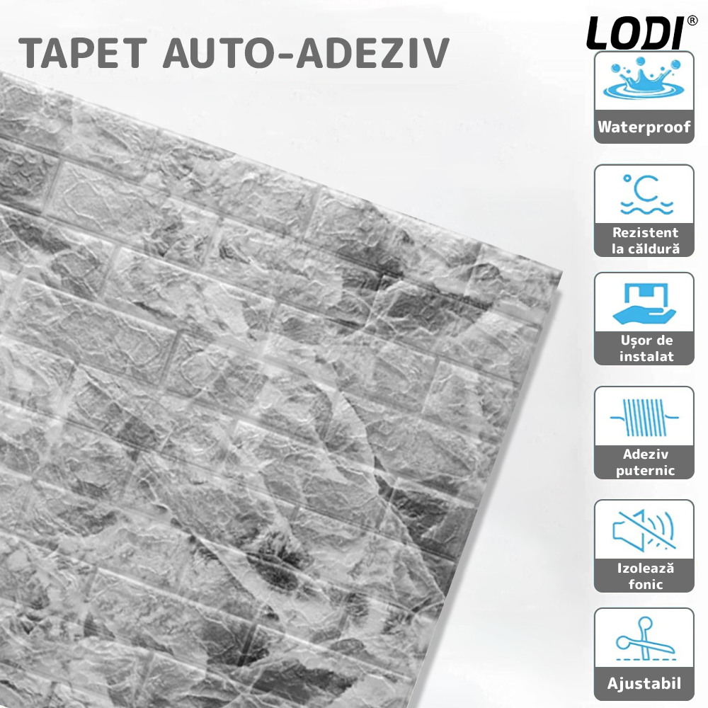 Set Tapet Caramida 3D Lodi78, Model Piatra Naturala, suprafata acoperire 5.3 mp, autoadeziv, waterproof, usor de montat, design modern, 70x77 cm, gri