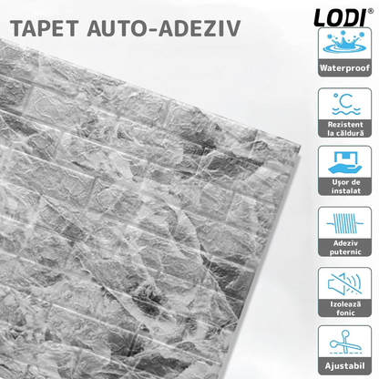 Set Tapet Caramida 3D Lodi78, Model Piatra Naturala, suprafata acoperire 5.3 mp, autoadeziv, waterproof, usor de montat, design modern, 70x77 cm, gri