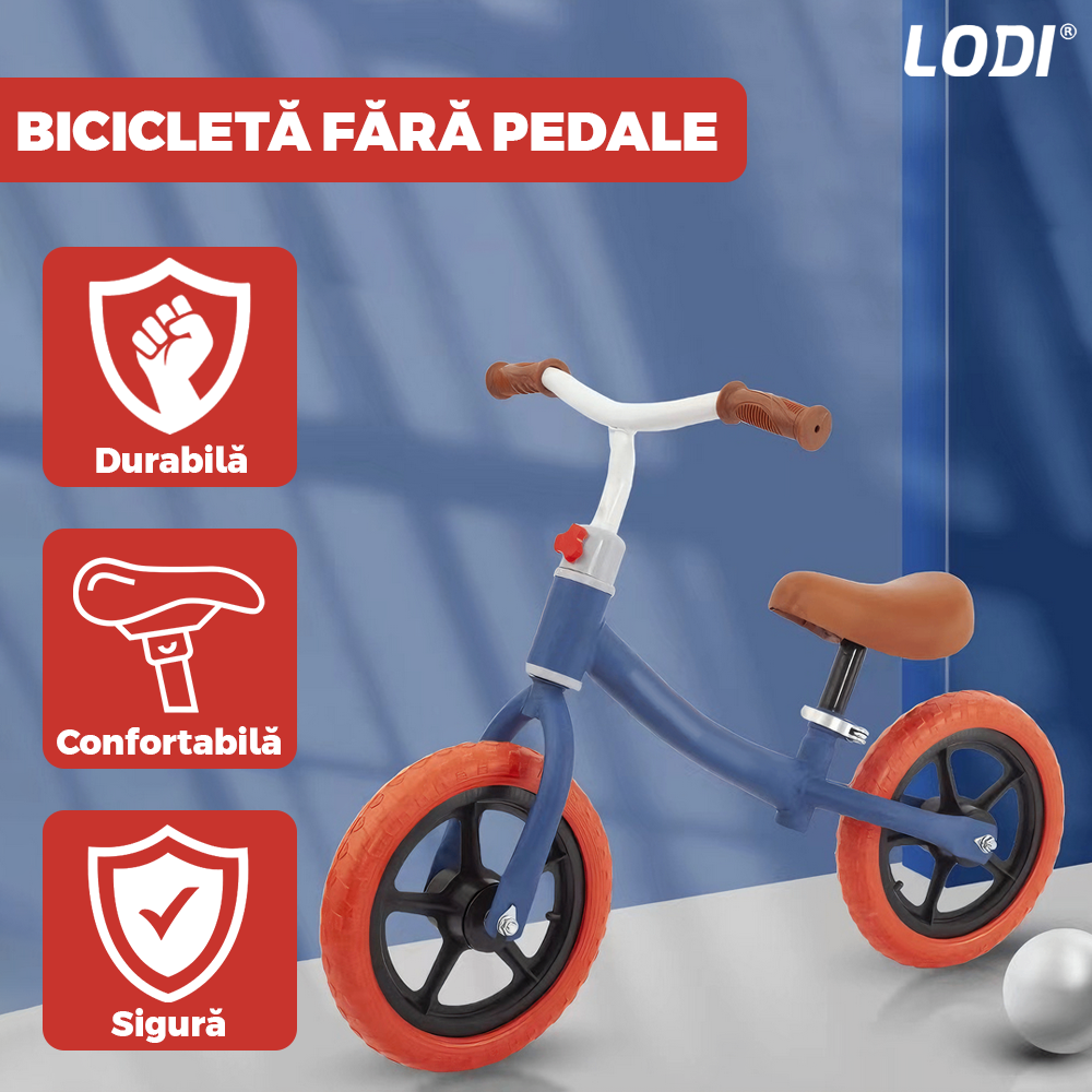 Bicicleta fara Pedale Lodi1117, inaltime reglabila, manere anti-alunecare, sa confortabila waterproof, roti de 12 inch, cauciuc rezistent, 2-5 ani, albastru/rosu