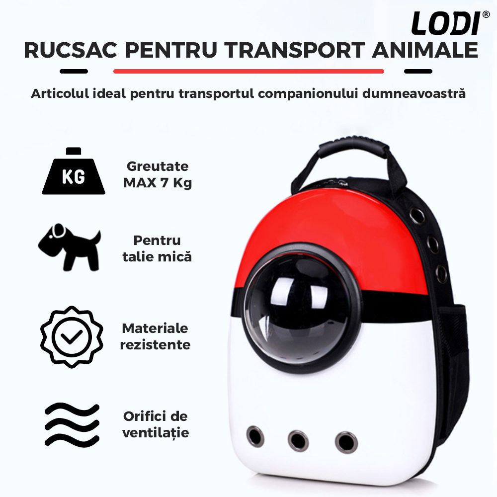 Rucsac Transport Animale Lodi46, greutate Max 7kg, hublou transparent, buzunar lateral, accesorii incluse, pentru talie mica, model Pokeball, rosu
