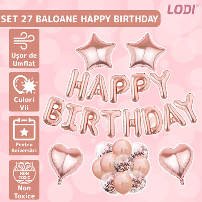 Set 27 Baloane Lodi757, Litere, pentru Petreceri/Aniversari/Evenimente, confetti, stelute, inimioare, model HAPPY BIRTHDAY, rose gold