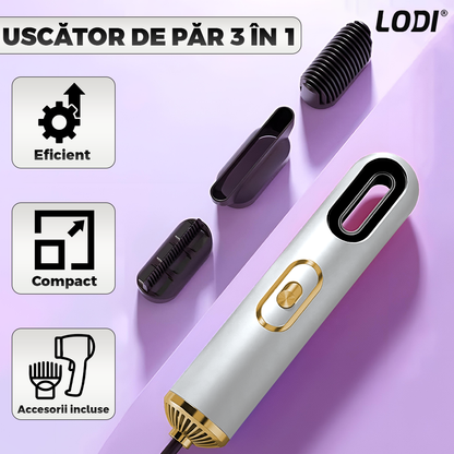Uscator Profesional de Par 3 in 1 Lodi1084, aparat multifunctional coafare si uscare, 3 accesorii incluse, 1200W, alb