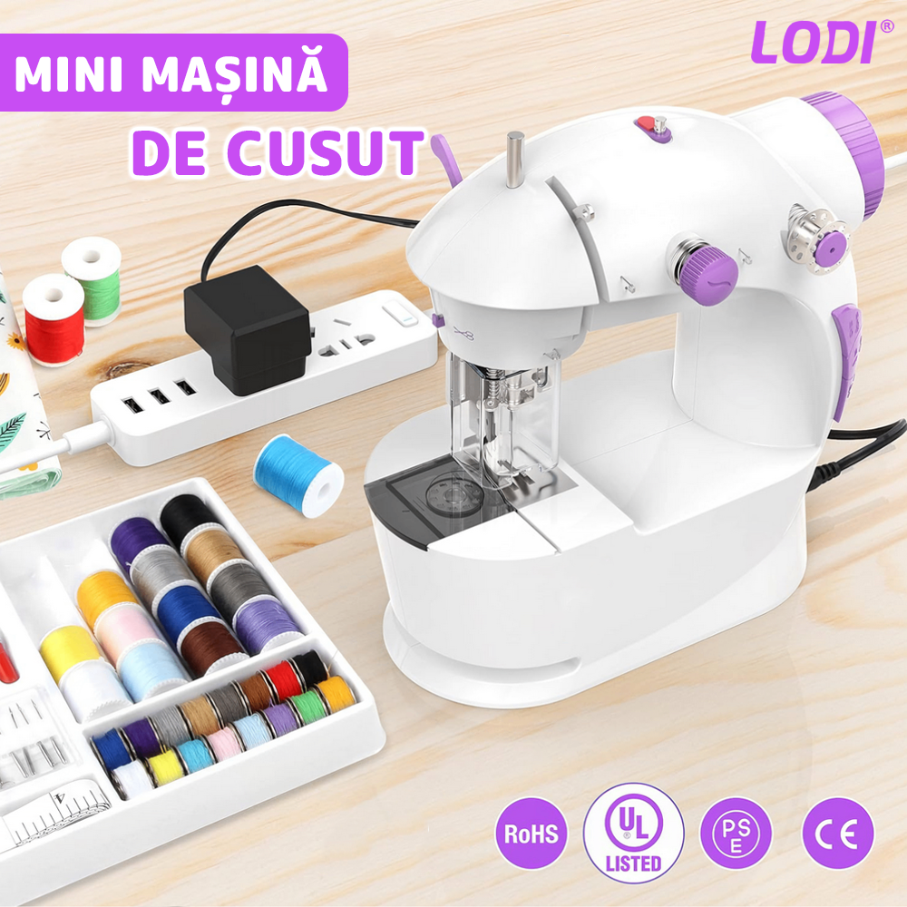 Mini Masina de Cusut XL Lodi1505, portabila, usor de utilizat, fara pedala, design ergonomic, iluminare, doua viteze de coasere, alimentare pe baterii sau la retea, reglare si tensionare a firului, 20 cm, alb/mov