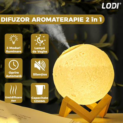 Difuzor Aromaterapie 2in1 Lodi228, 3 moduri de iluminare, capacitate 1250ml, lampa de veghe, silentios, alimentare USB, model luna, umidifica aerul, alb
