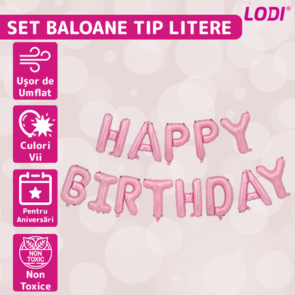 Set 13 Baloane Lodi716, Litere, pentru Petreceri/Aniversari/Evenimente, model HAPPY BIRTHDAY, rose