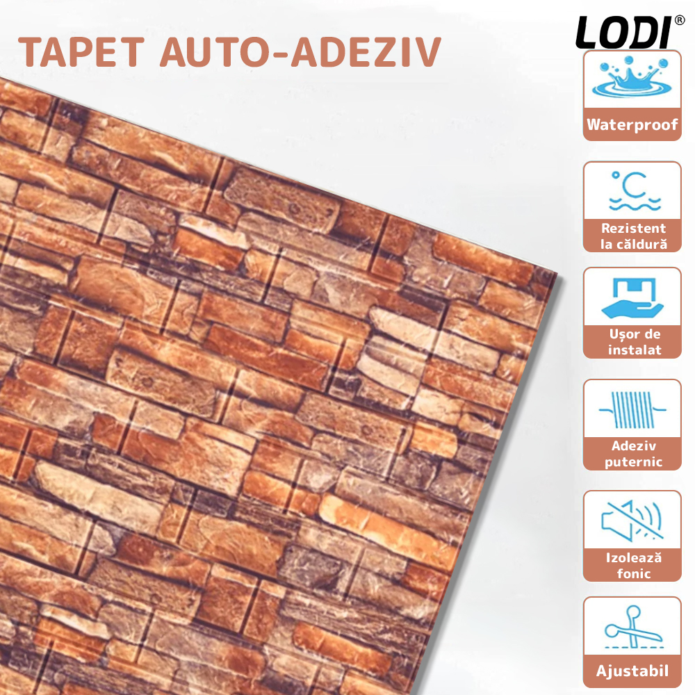 Set Tapet Caramida 3D Lodi85, Model Piatra Naturala, suprafata acoperire 5.3 mp, autoadeziv, waterproof, usor de montat, design modern, 70x77 cm, rosu
