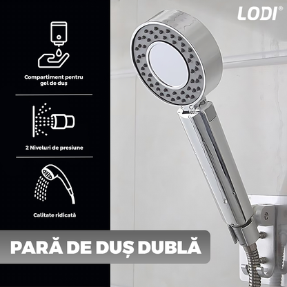 Para de Dus Dubla Lodi1507, recipient de sapun incorporat, 2 moduri de utilizare, mod presiune ridicata, mod spa, usor de utilizat, operare fara butoane, gri