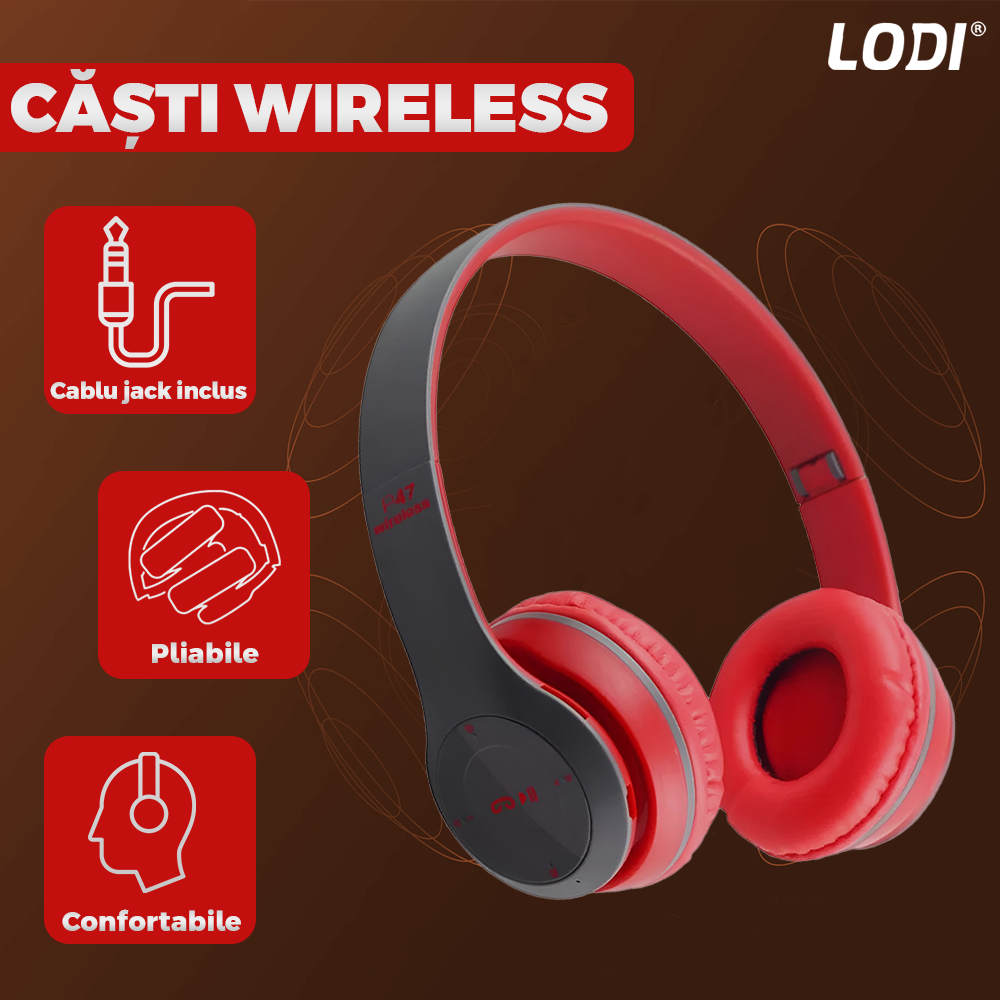 Casti Wireless Lodi956, P47, overear, bluetooth 5.0, 3 porturi integrate, handsfree, HiFi, bass stereo, gri/rosu
