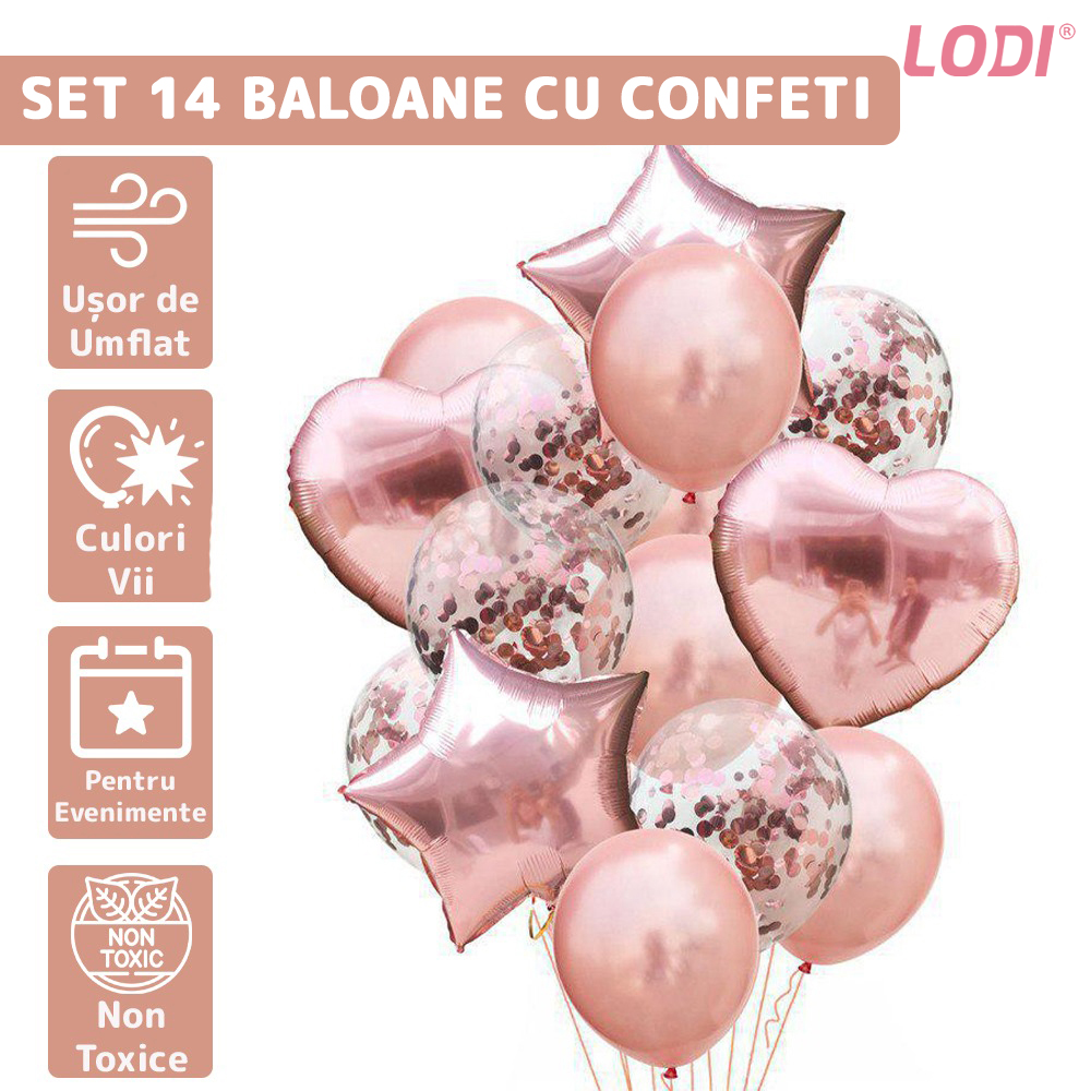 Set 14 Baloane Lodi304, Confeti, pentru Petreceri/Aniversari/Evenimente, Stea/Inima/Rotunde, 3 culori, latex, roze gold