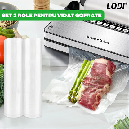 Set de Role Folii pentru Vidat Universale Lodi, 5m x 20cm, compatibile cu orice aparat de vidat, gofrate, reutilizabile, rezistente la caldura, transparente