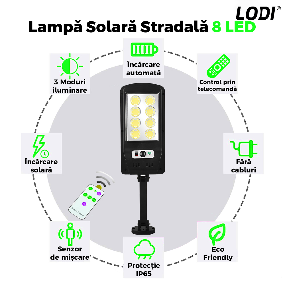 Lampa Solara Stradala 8 LED-uri Lodi880, control prin telecomanda, senzor de miscare, 3 moduri de iluminare, protectie IP65, Waterproof, exterior, negru