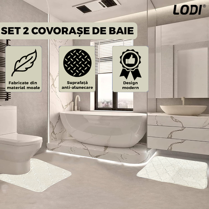 Set 2 Covorase de Baie Lodi1013, anti-derapante, material moale, design modern, model floral, 80x50 & 50x40cm, bej