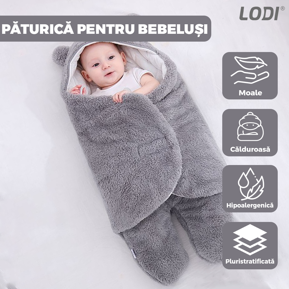 Paturica Pufoasa pentru Bebe Lodi500, calduroasa, in forma de ursulet pentru infasat bebelusi, prindere velcro, 0-6 luni, gri inchis