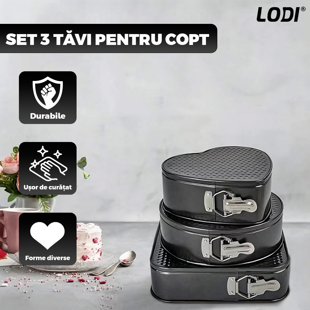 Set 3 Tavi pentru Copt Lodi1073, forma inima/cerc/patrat, baza detasabila, antiaderente, rezistente, usor de curatat, 24/26/28 cm, negru