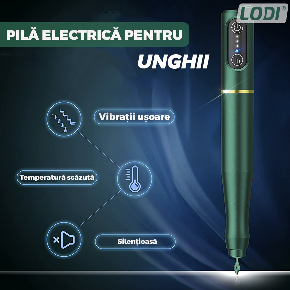 Pila Electrica Profesionala pentru Unghii Lodi1138, freza wireless, 18000 RPM, ecran LED, manichiura-pedichiura, 12 capete pentru pila, 36 benzi de slefurie, portabila, verde