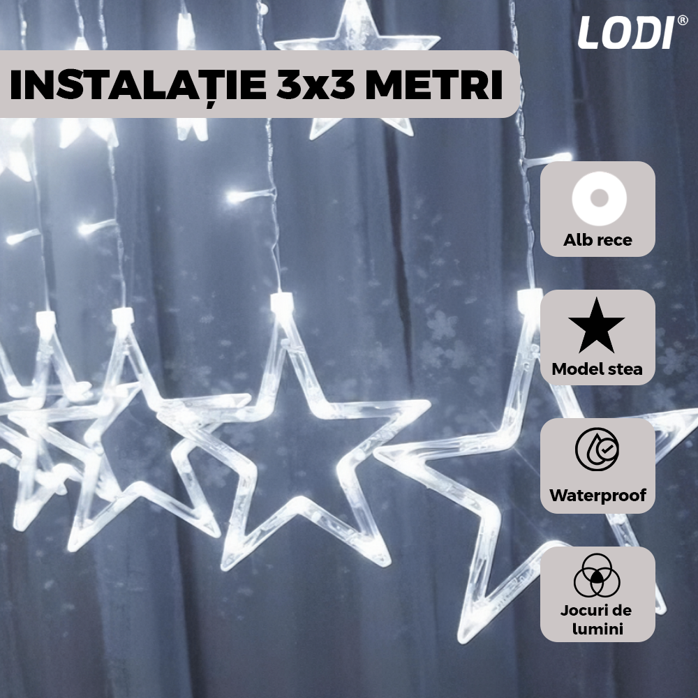 Instalatie de Craciun Tip Perdea Lodi1447, 3x3 m, model stelute, 8 jocuri de lumini, alimentare la priza, fir transparent, interior/exterior, rezistenta la apa, 12 figurine, alb rece