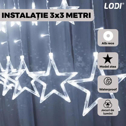 Instalatie de Craciun Tip Perdea Lodi1447, 3x3 m, model stelute, 8 jocuri de lumini, alimentare la priza, fir transparent, interior/exterior, rezistenta la apa, 12 figurine, alb rece