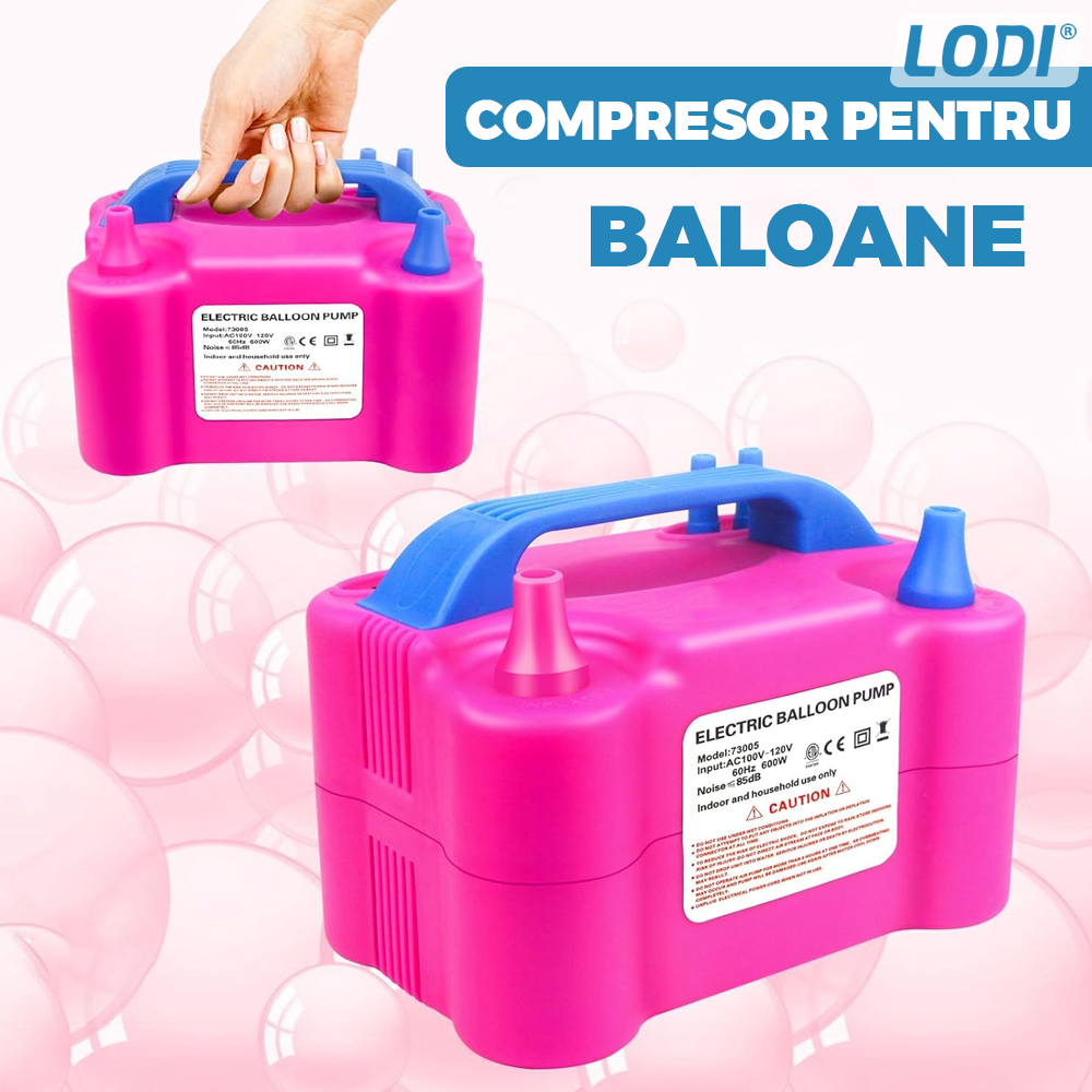 Compresor Profesional pentru Umflat Baloane Lodi1132, 2 functii de umflare, fante de ventilatie, spatiu de depozitare cablu, portabil, putere 600W, alimentare 220V, roz