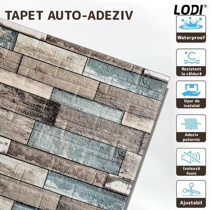Set 10x Tapet Caramida 3D Lodi1091, Model Lemn, suprafata acoperire 4.9 mp, autoadeziv, waterproof, usor de montat, design modern, 70x70 cm, maro verde