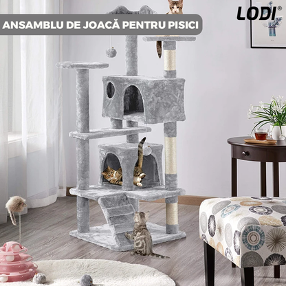 Ansamblu de Joaca pentru Pisici Lodi628, tip turn, 3 platforme de observatie, 6 niveluri, 2 casute, scara, franghie si mingiuta de joaca, stalpi pentru zgariat, captuseala extra moale, structura stabila, 138.5 cm, gri deschis