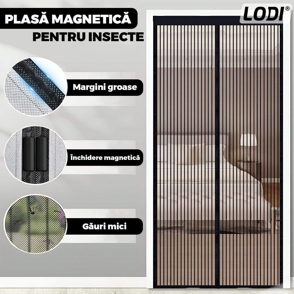 Plasa pentru Usa cu Inchidere Magnetica Lodi1163, anti-insecte, tanrari, muste, paianjeni, montare velcro, materiale calitative, rezistenta, 185x104 cm, negru