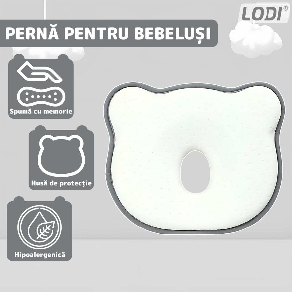 Perna pentru Bebelusi Lodi993, model ursulet, husa de protectie inclusa, spuma cu memorie, anti-plagiocefalie, pentru formarea capului, 26x22 cm, alb