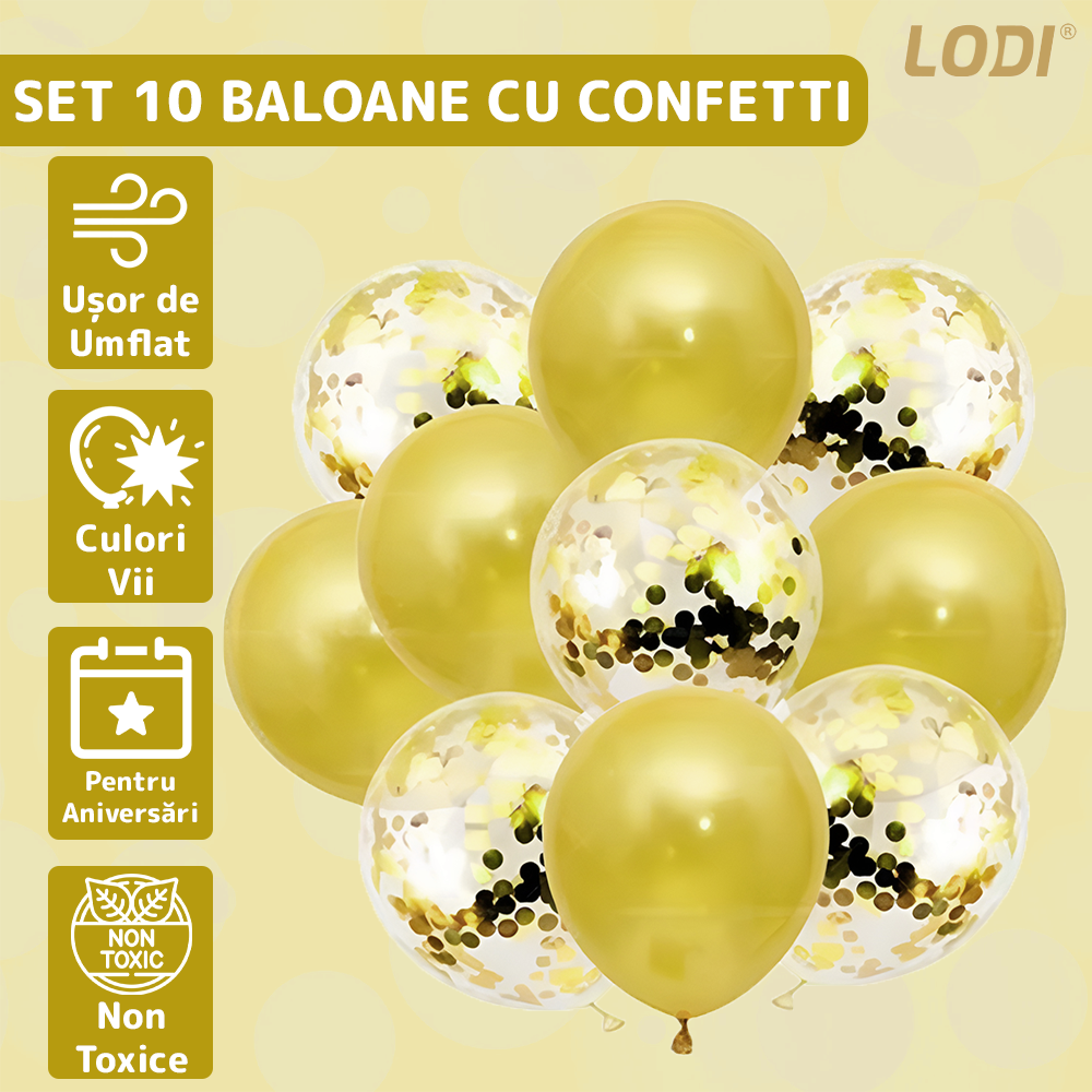 Set 10 Baloane Lodi769, Confeti, pentru Petreceri/Aniversari/Evenimente, o singura dimensiune, 2 culori, latex, gold