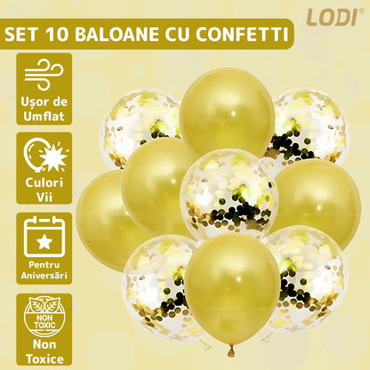 Set 10 Baloane Lodi769, Confeti, pentru Petreceri/Aniversari/Evenimente, o singura dimensiune, 2 culori, latex, gold