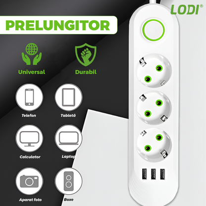 Prelungitor Lodi1276, 3 prize, 3 porturi USB, intrerupator, suport de agatare incorporat, rezistent la temperaturi inalte, universal, lungime 2 metri, alb