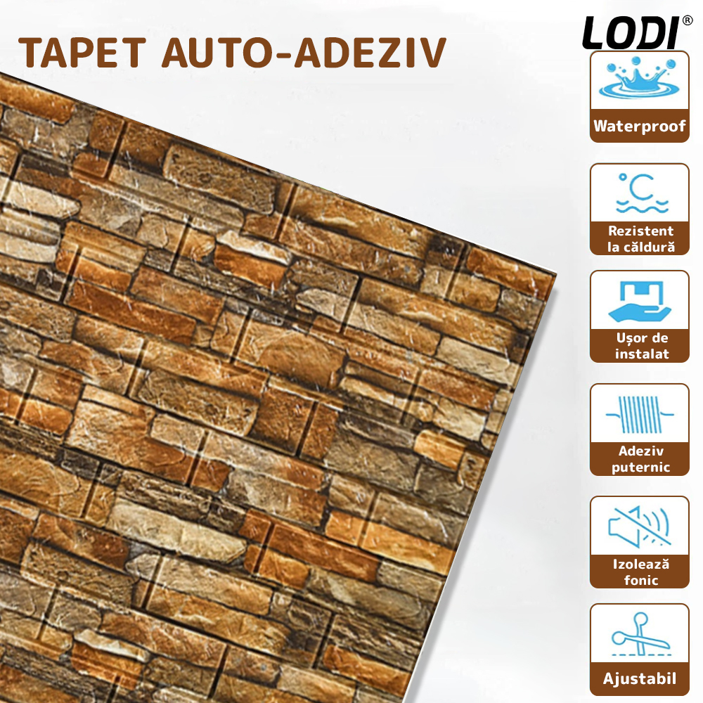 Set Tapet Caramida 3D Lodi84, Model Piatra Naturala, suprafata acoperire 5.3 mp, autoadeziv, waterproof, usor de montat, design modern, 70x77 cm, maro