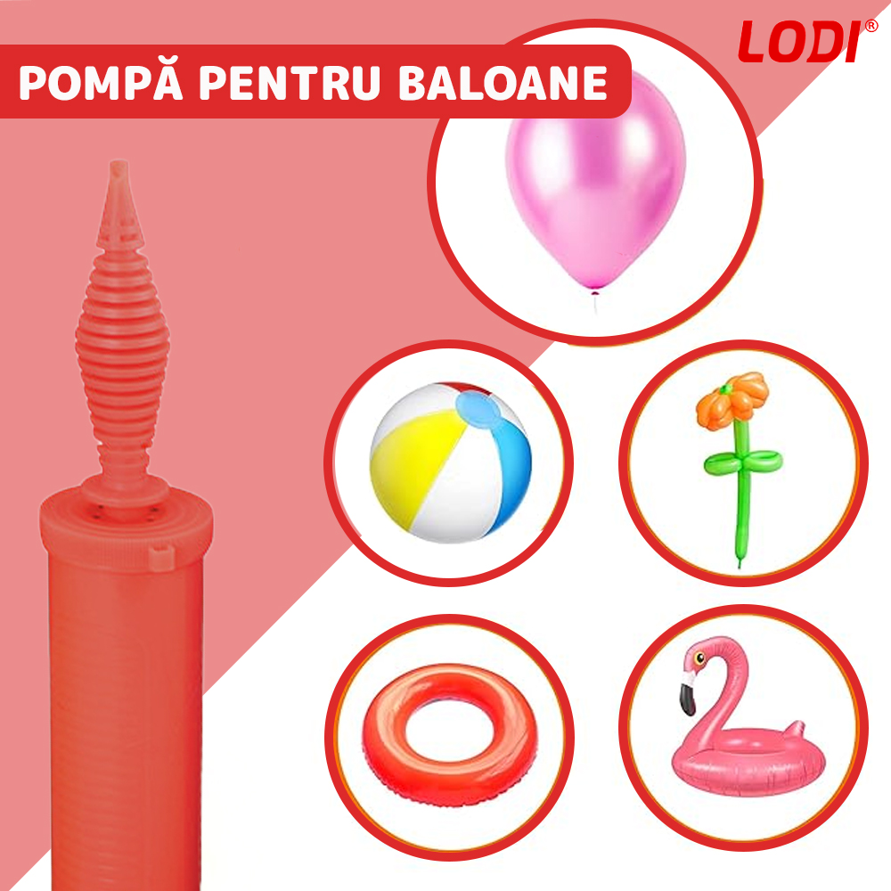 Pompa Manuala Pentru Umflat Baloane cu Dublu Sens Lodi370, multifunctionala, materiale calitative, umflare rapida, rosu/negru, 28 cm