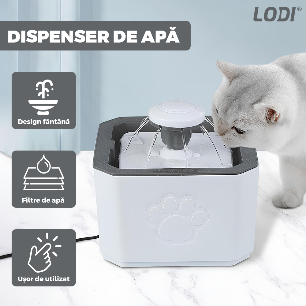 Dispenser de Apa Tip Fantana Lodi1506, ultra-silentios, pentru caini si pisici, filtru de carbon inclus, usor de utilizat, elimina bacteriile din apa, alimentare USB, desgin modern, alb