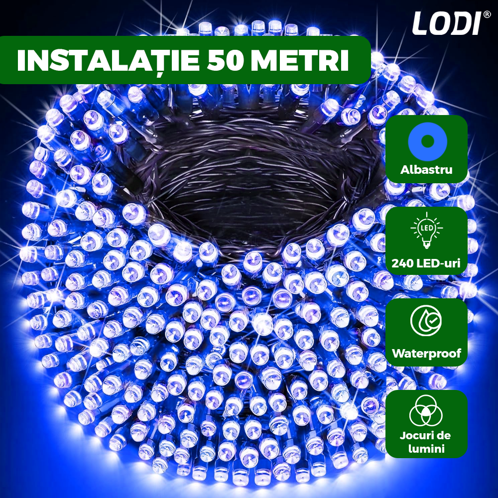 Instalatie de Craciun Liniara Lodi1438, 240 LED-uri, 8 jocuri de lumini, alimentare la priza, interior/exterior, rezistenta la apa, 50 m, albastru