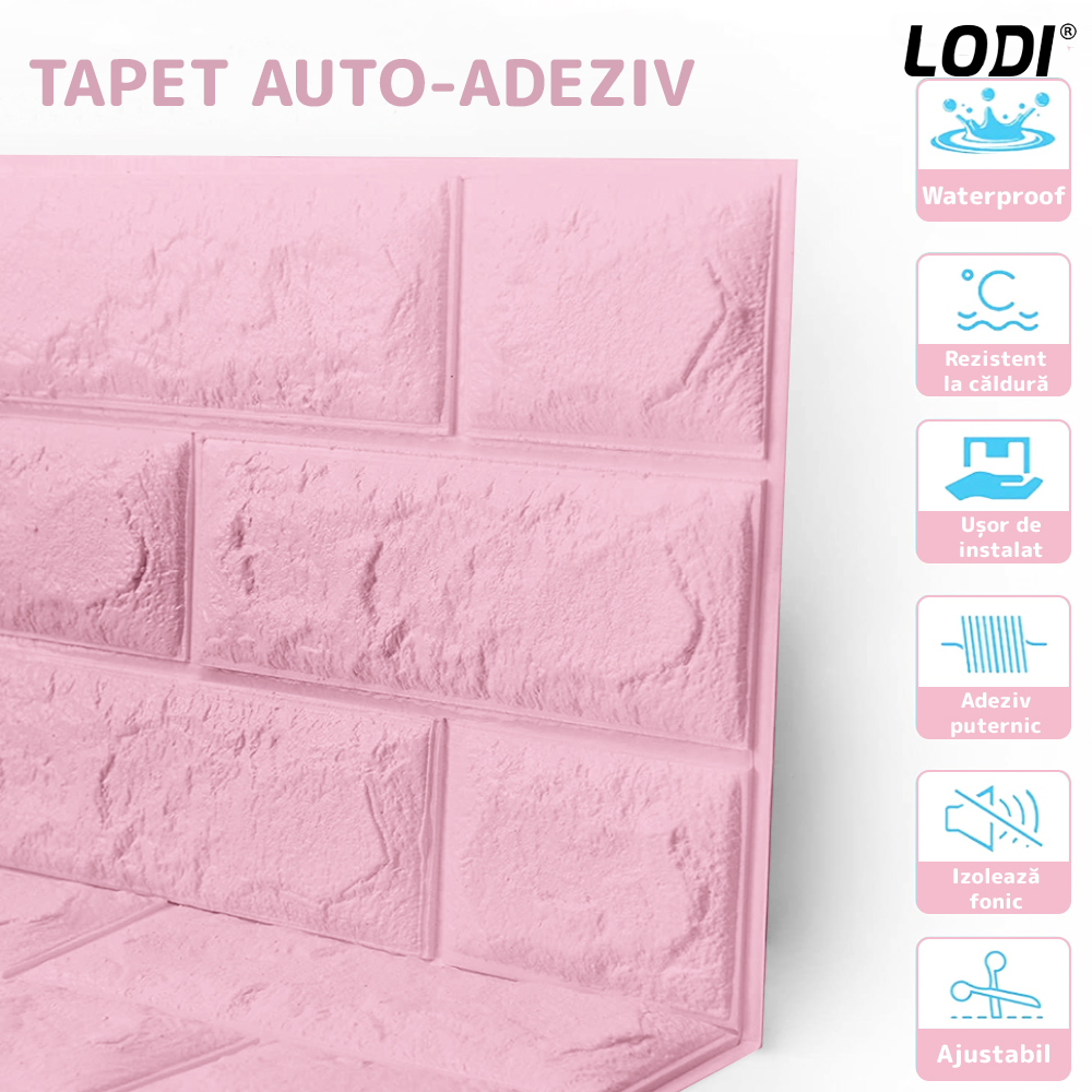 Set Tapet Caramida 3D Lodi53, suprafata acoperire 5.3 mp, autoadeziv, waterproof, usor de montat, design modern, 70x77 cm, roz