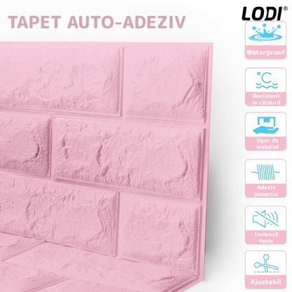 Set Tapet Caramida 3D Lodi53, suprafata acoperire 5.3 mp, autoadeziv, waterproof, usor de montat, design modern, 70x77 cm, roz