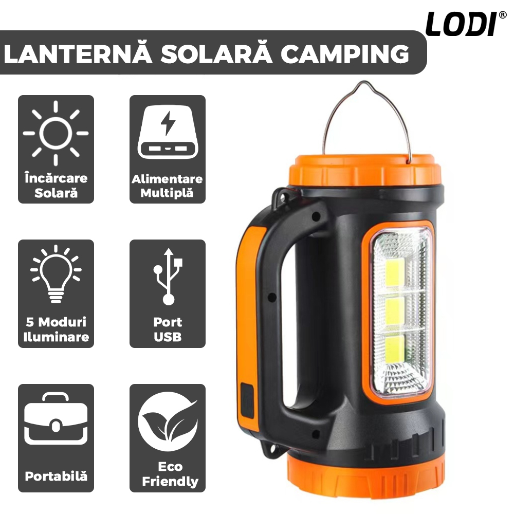 Lanterna Solara de Camping Lodi269, 2 moduri de alimentare, 5 moduri de iluminare, portabila, pentru drumetii, port USB, reincarcabila, portocaliu