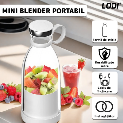 Mini Blender Electric Lodi, forma de sticla, portabil, compact, multifunctional, autocuratare, autonomie ridicata, smoothie/milkshake, capacitate 420 ml, 40W